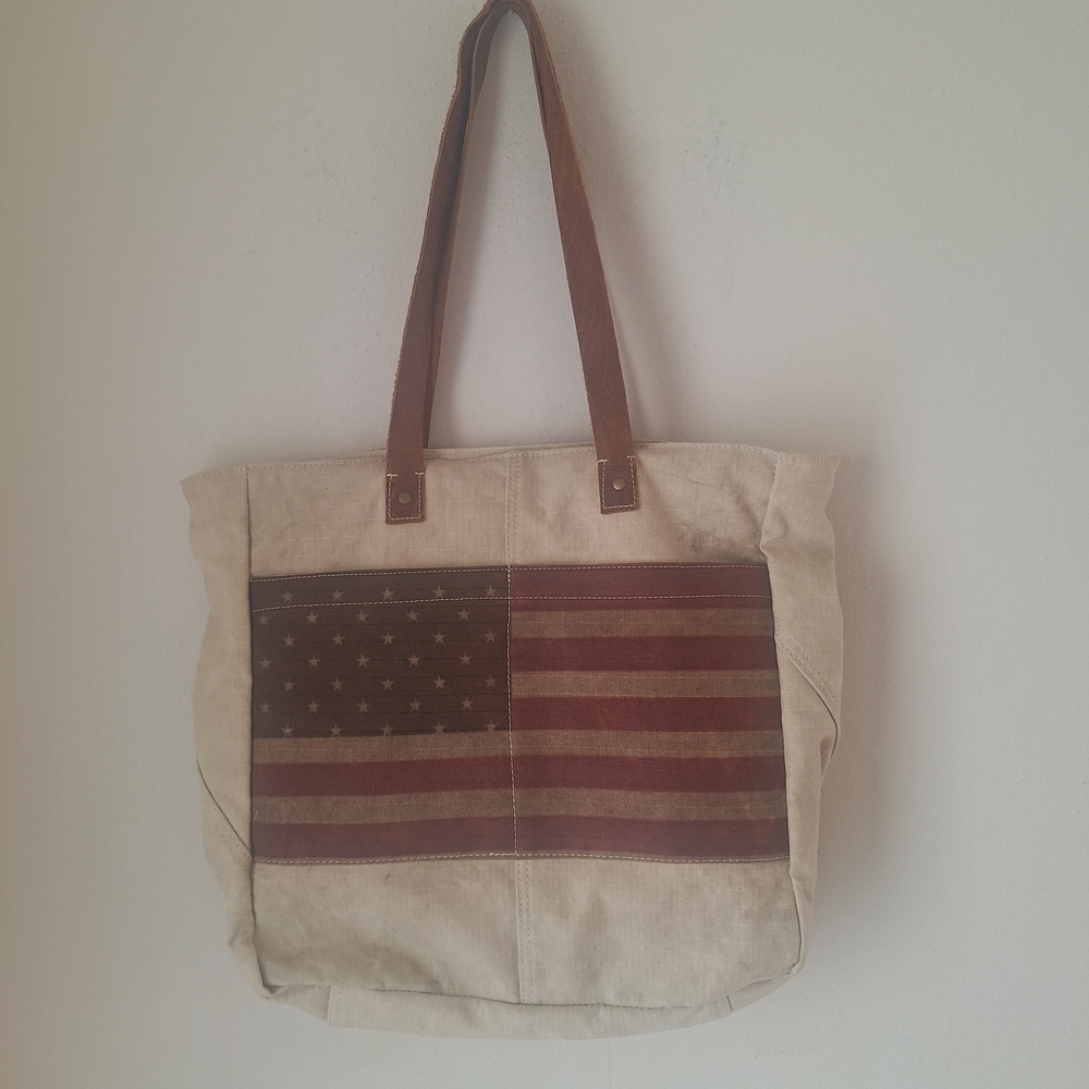 Patriotic With Flag Canvas Shoulder Bag with Brown Pocket 10p - Picture 3 of 5